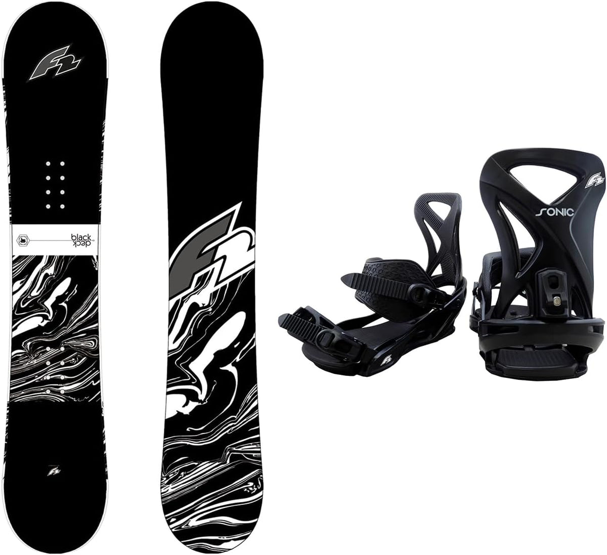 F2 Freerideboards, Set Snowboard Blackdeck Schwarz + Sonic Pro Bindung Größen wählbar