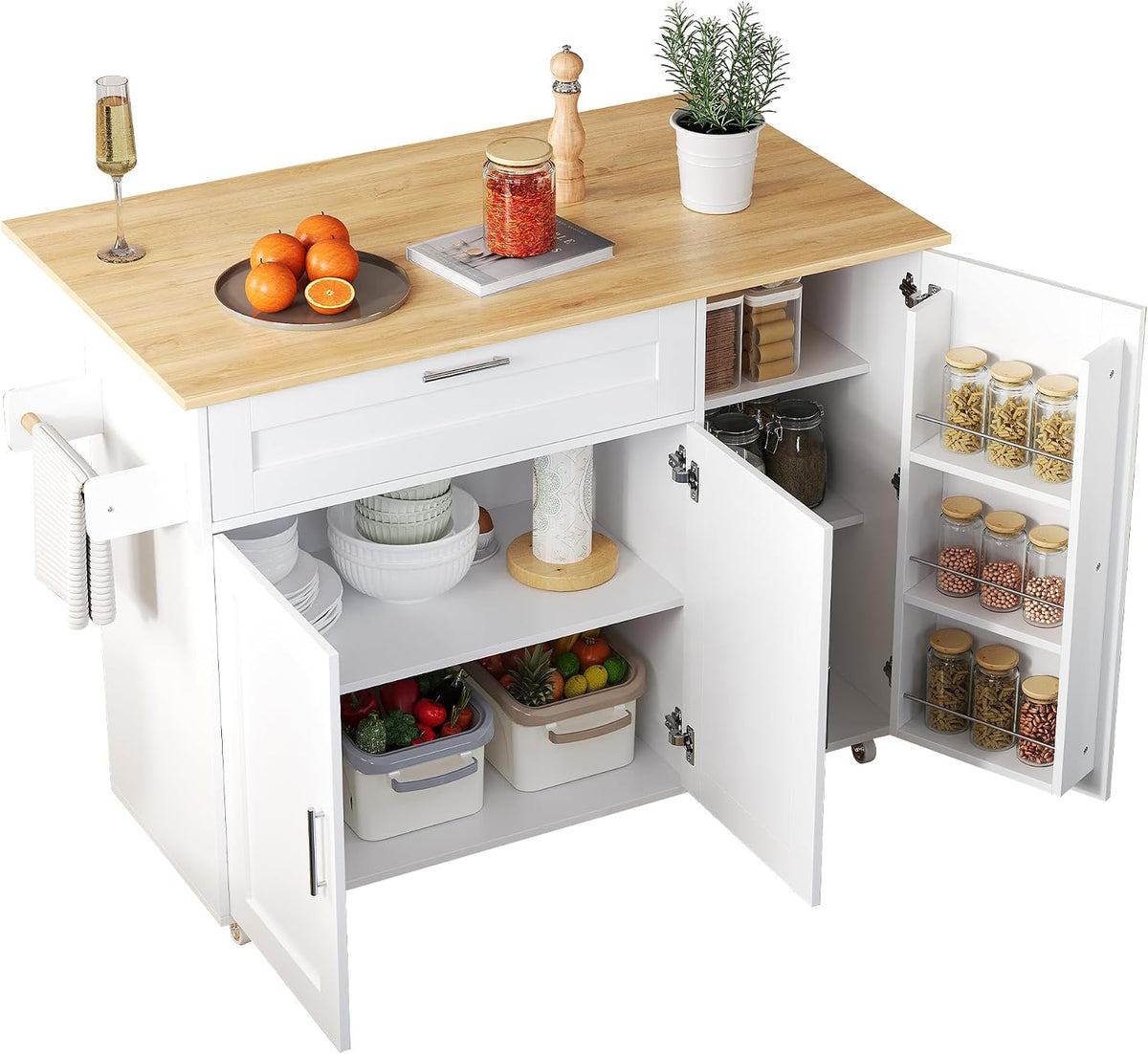 Kommode, Mobiler Küchentisch, Arbeitsplatte klappbar, Eiche Maserung, multifunktionaler Schrank, Gewürzregal, Handtuchhalter, 5 Rollen