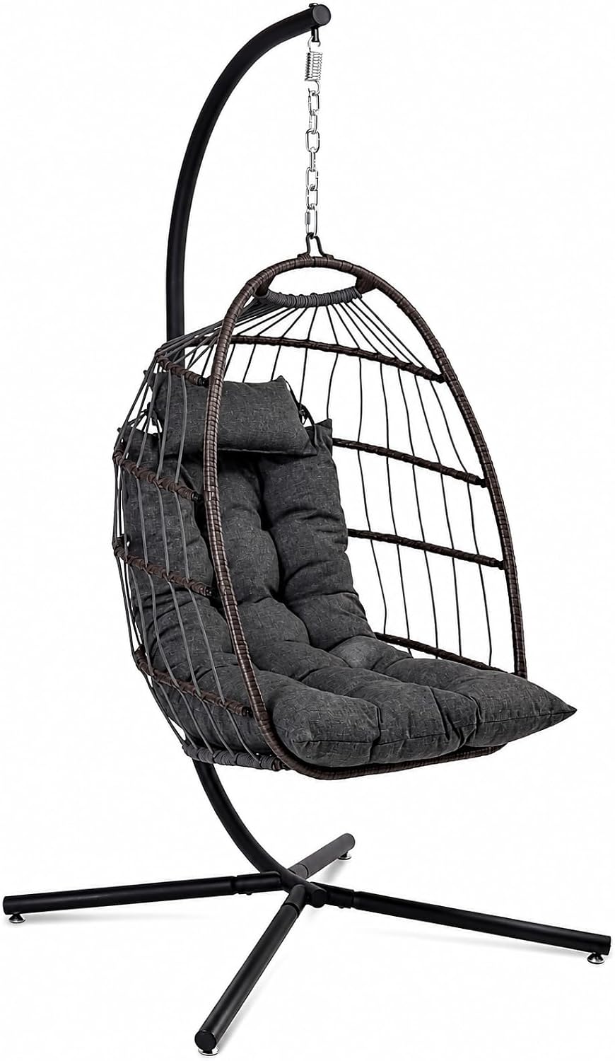 Hängesessel, mit Gestell Outdoor 250 kg, Wetterfest mit Kissen faltbar für Garten Balkon Indoor Relaxsessel Grau, SereneLife