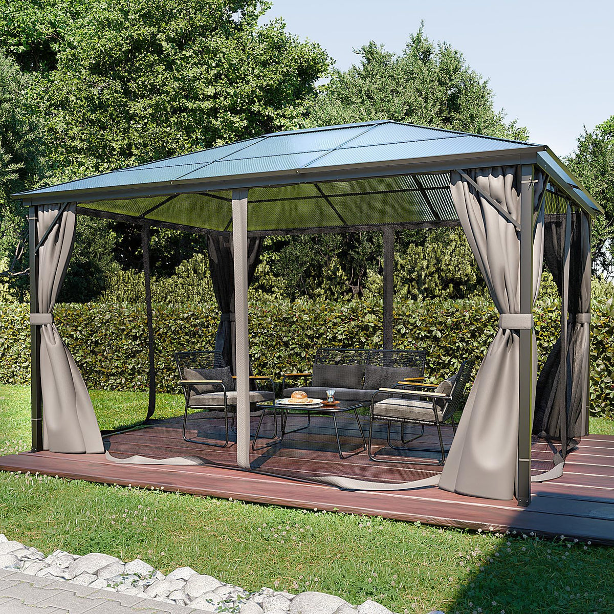 Pavillon ®, 3 × 4m Garten Überdachung mit Polycarbonat - Dach & Moskitonetz, Seitenteile wasserdicht in anthrazit, mit Metallgestell & Aluminiumrahmen