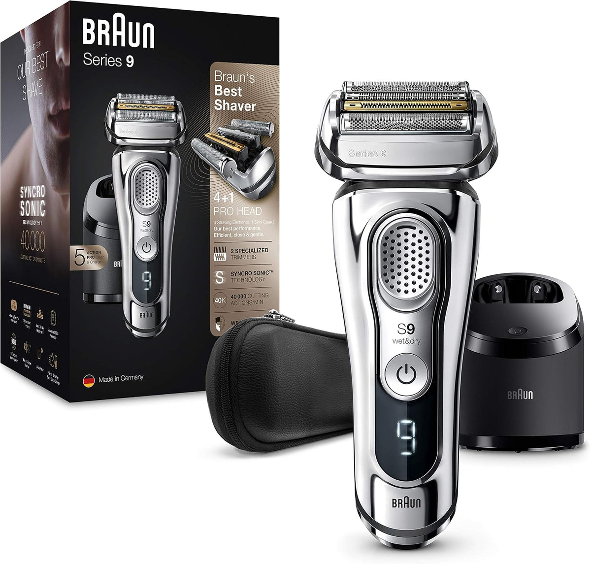 Braun 9 9395cc Series Elektrorasierer für Herren verbesserte Reinigungs- und Ladestation, Ledertasche, Elektrorasierer für Nass- und Trockenheit