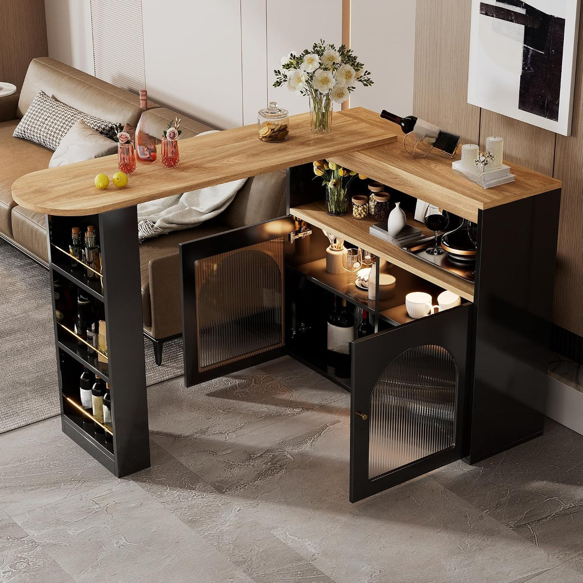 Sideboard 2 360°Drehbarer Ausziehbarer Bartisch mit Tür und LED-Licht Esstisch mit Stauraum, Bartisch Küche mit Offene Fach