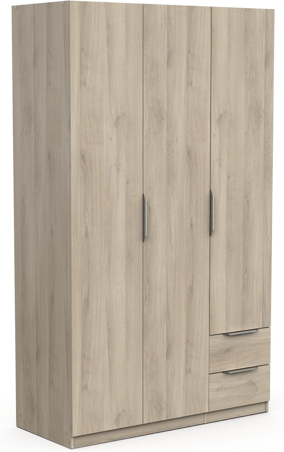 Kleiderschrank Moderner, 3 Türen, 2 Schubladen, 4 Fächer, Eiche, Kronberg, 119, 4 × 51, 1 × 203 cm, Holzwerkstoff, Grau, Demeyere