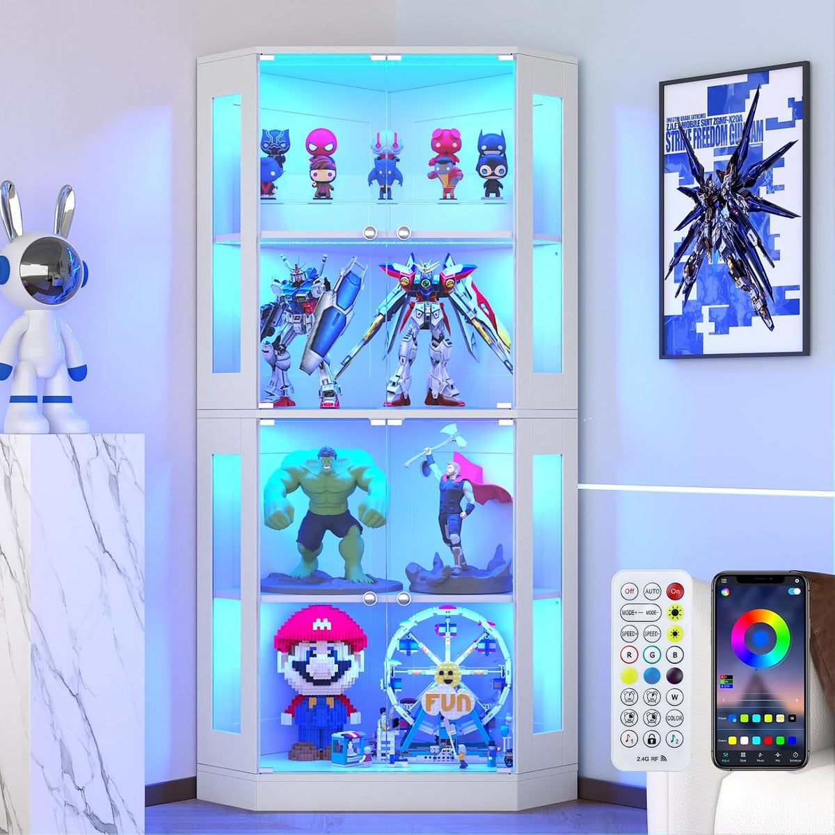 VOWNER Glasvitrine, Eck-Vitrine 165cm mit LED-Beleuchtung & Intelligente Sensorik