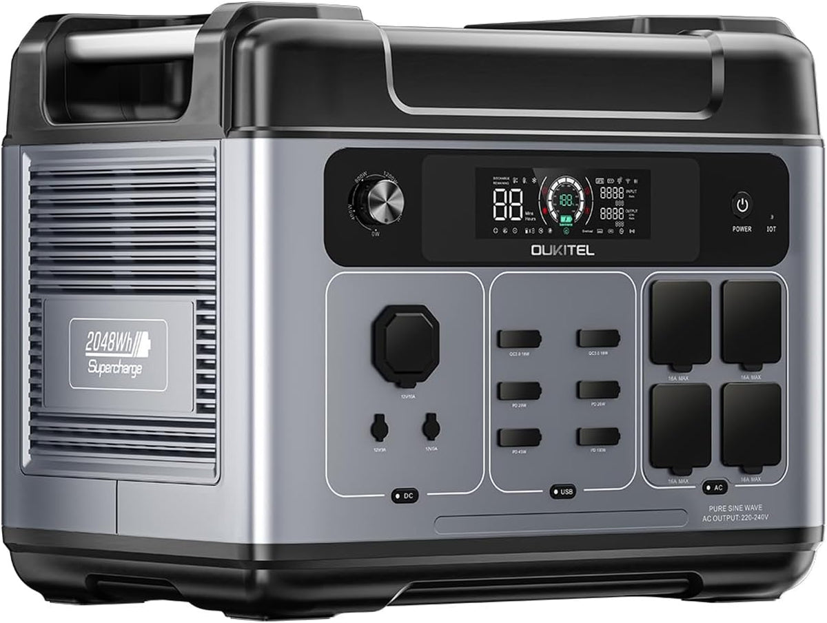 OKITECH Stromgenerator, OUKITEL P2001 Plus Tragbare Energiestation, 2400 W, mit Schutzhülle, LiFePO4-Akku mit 2048 Wh, Schnellladung in 1, 5 Stunden