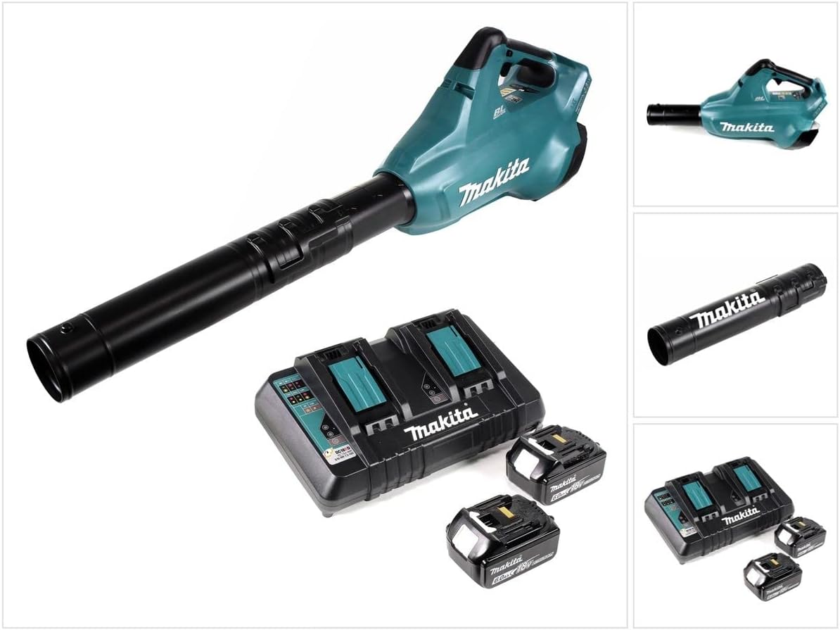 Makita DUB 362 2x18 Volt Akku Laubbläser, Akku-Gebläse + 2 × 6 Ah Akku + DC 18 RD Doppel Ladegerät