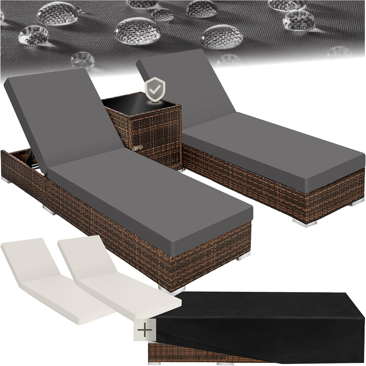 Liege 2er ® Garten Lounge Sonnen, n Set mit Tisch, Aluminium Gartenliege, Gartenlounge Outdoor, Relaxliege inkl. 2 Bezugsets und Schutzhülle