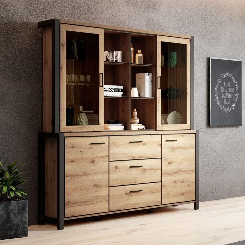Sideboard, Esszimmer Buffetschrank Set in Taurus Eiche Nb. mit LED Beleuchtung, B/H/T: ca. 180/200/41 cm, Lomadox