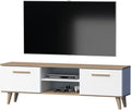 TV-Lowboard, TV-Schrank, Lowboard 160 cm, Skandinavisches Design, Weiß/Eiche, TV-Möbel für Fernseher bis 70 Zoll, mit Türen und Regalfächern, GERMAN