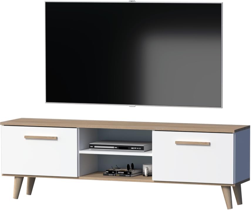 TV-Lowboard, TV-Schrank, Lowboard 160 cm, Skandinavisches Design, Weiß/Eiche, TV-Möbel für Fernseher bis 70 Zoll, mit Türen und Regalfächern, GERMAN