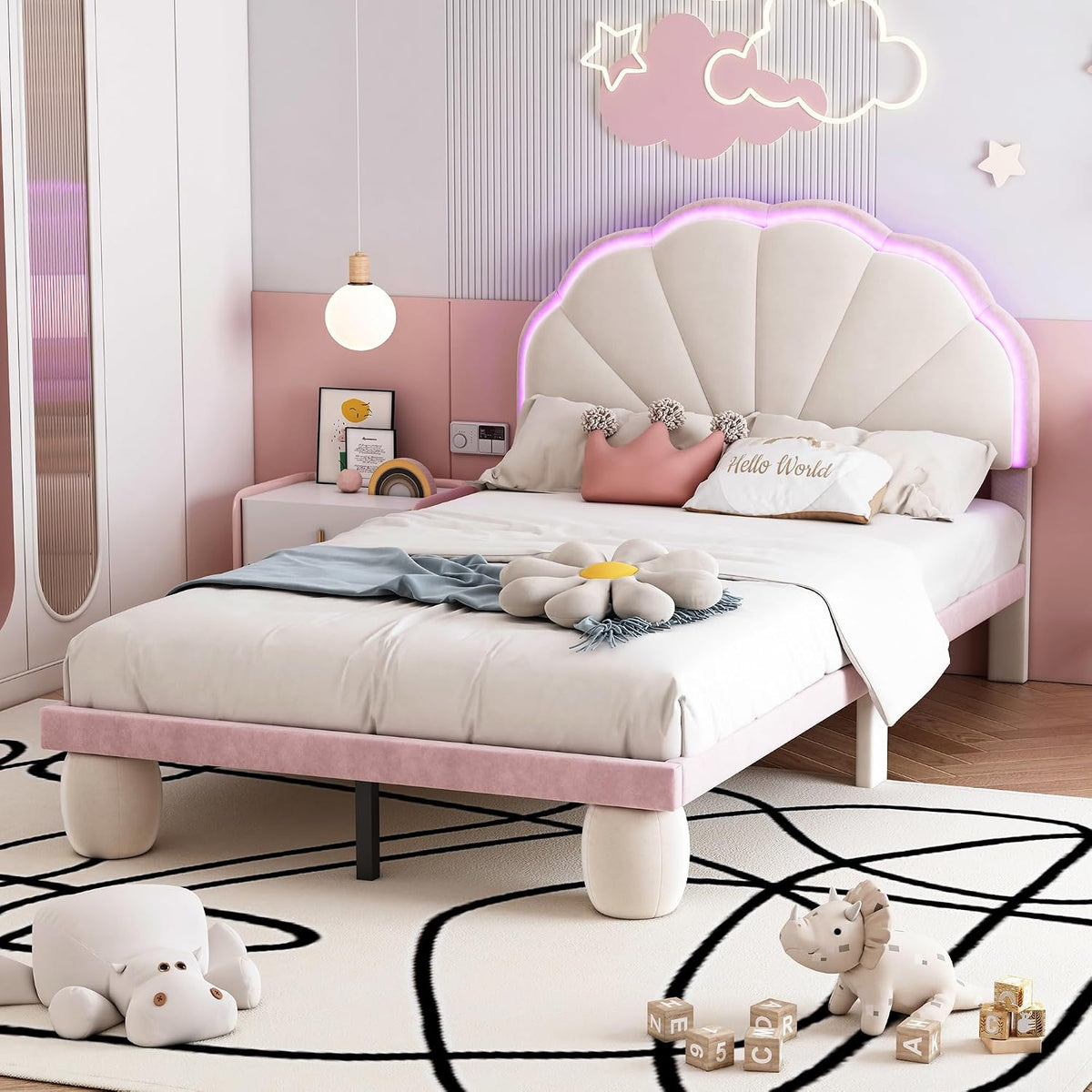 Kinderbett 90x200cm Polsterbett, Mädchen mit LED Kopfteil, Gepolsterter Runden Beine, Einzelbett, Samt, Beige+Rosa, ohne Matratze, Merax