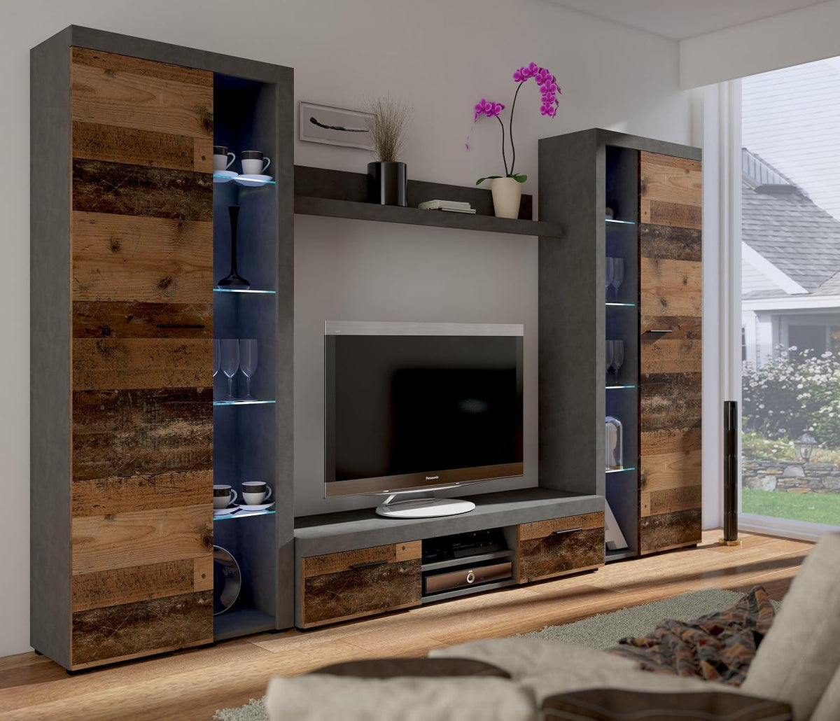 Kuechen-preisbombe XL Rumba Wohnwand, Schrankwand Anbauwand Wohnkombi Wohnzimmer Old Wood + Matera