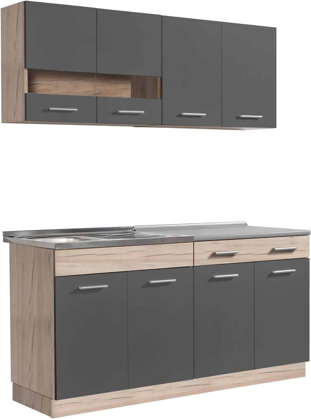 Homestyle4u Küchenzeile,   Küchenzeile 160 cm ohne Geräte - Grau