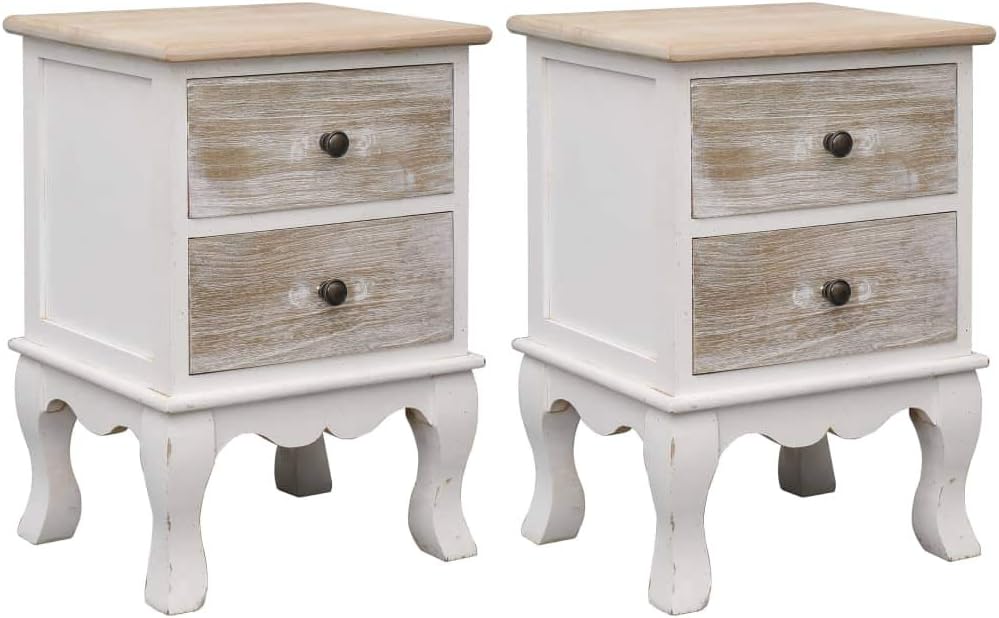 Beistelltisch 2er 35x30x50 2 Nachttische Set Weiß Holzoptik Paulownia Holz cm Modernes Nachtkästchen mit Schubladen Retro