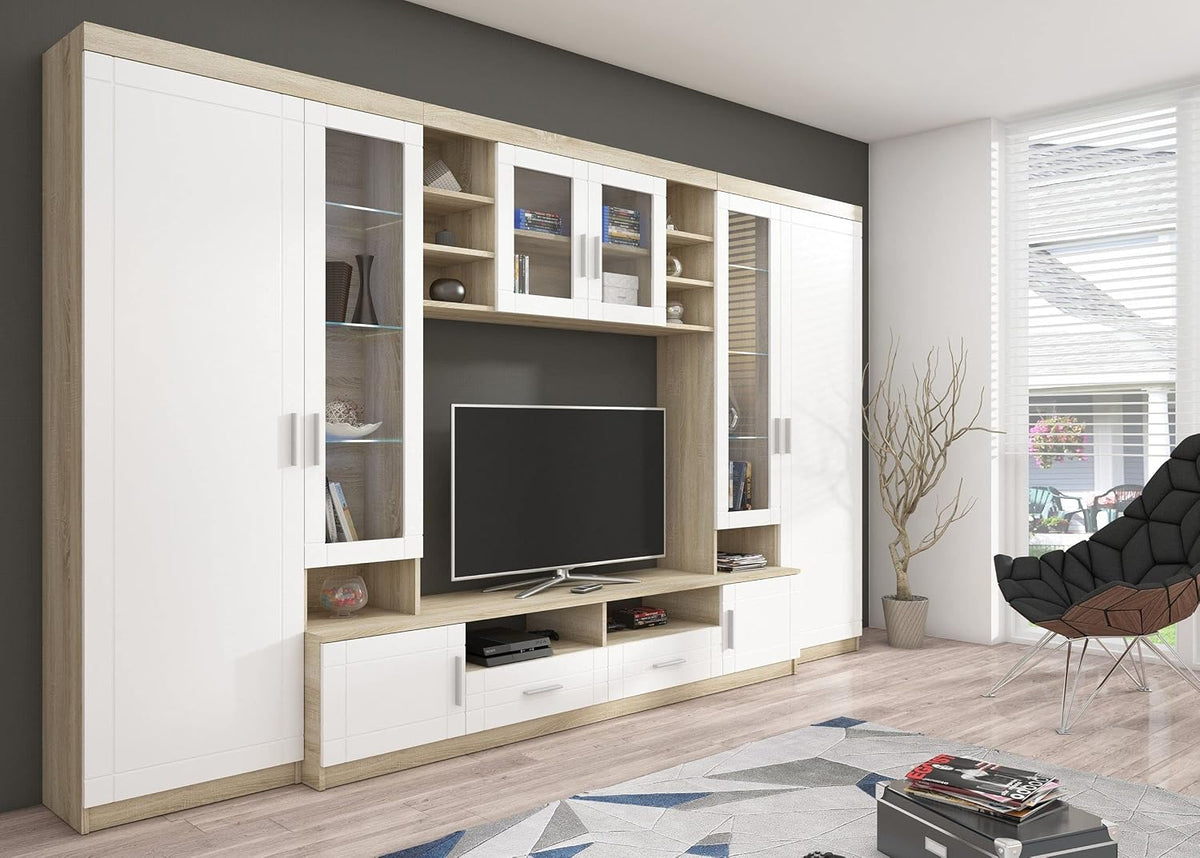 Kuechen-preisbombe Wohnwand,   TOP Wohnwand Paris Anbauwand Wohnkombi Wohnzimmer MDF Weiss + Sonoma Eiche