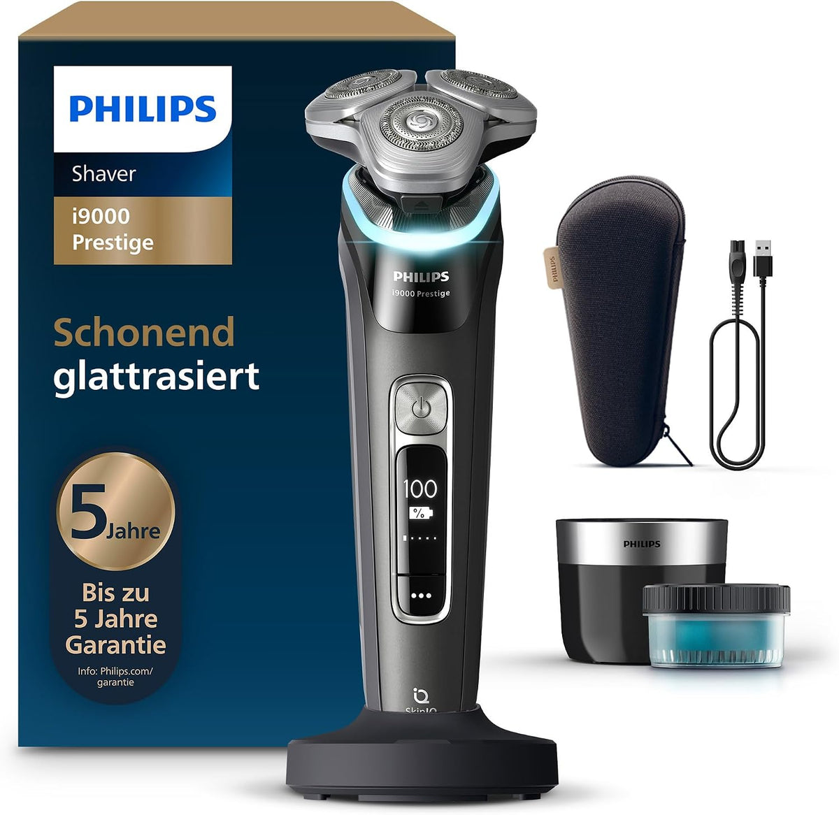 PHILIPS i9000 Rasierer Prestige elektrischer Nass- und Trockenrasierer für Herren mit integriertem Trimmer schwarz Drucksensor Reinigungsstation