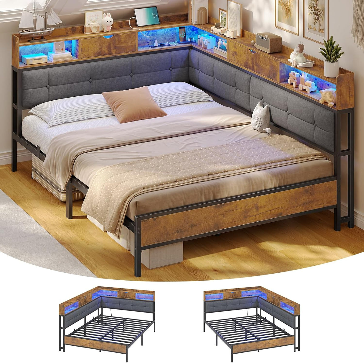 Bettgestell 140x190 6 140x190 Polsterbett Schlafsofa mit Staufächern Jugendbett mit LED-Beleuchtung Tagesbett mit Steckdosen Gästebett