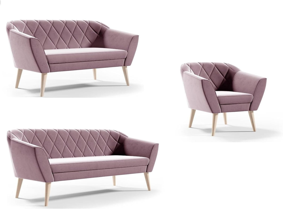 Sofello Wohnzimmersets, Couchgarnitur Gloria Wohnzimmerset 3+2+1 Sitzer Samt Hohe Holzfüße Buche (Riviera 62 - Rosa)