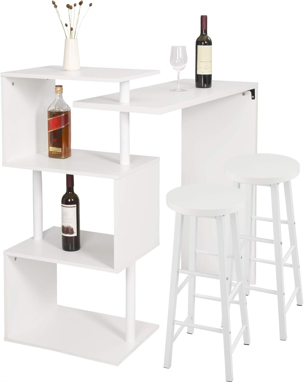 Bartische & -theken, Bartisch mit 2 Barhockern Set, drehbarer Stehtisch mit 3 Ablagefläche, Bistrotisch mit Barstuhl aus Holz & Metall, 134x38x112cm