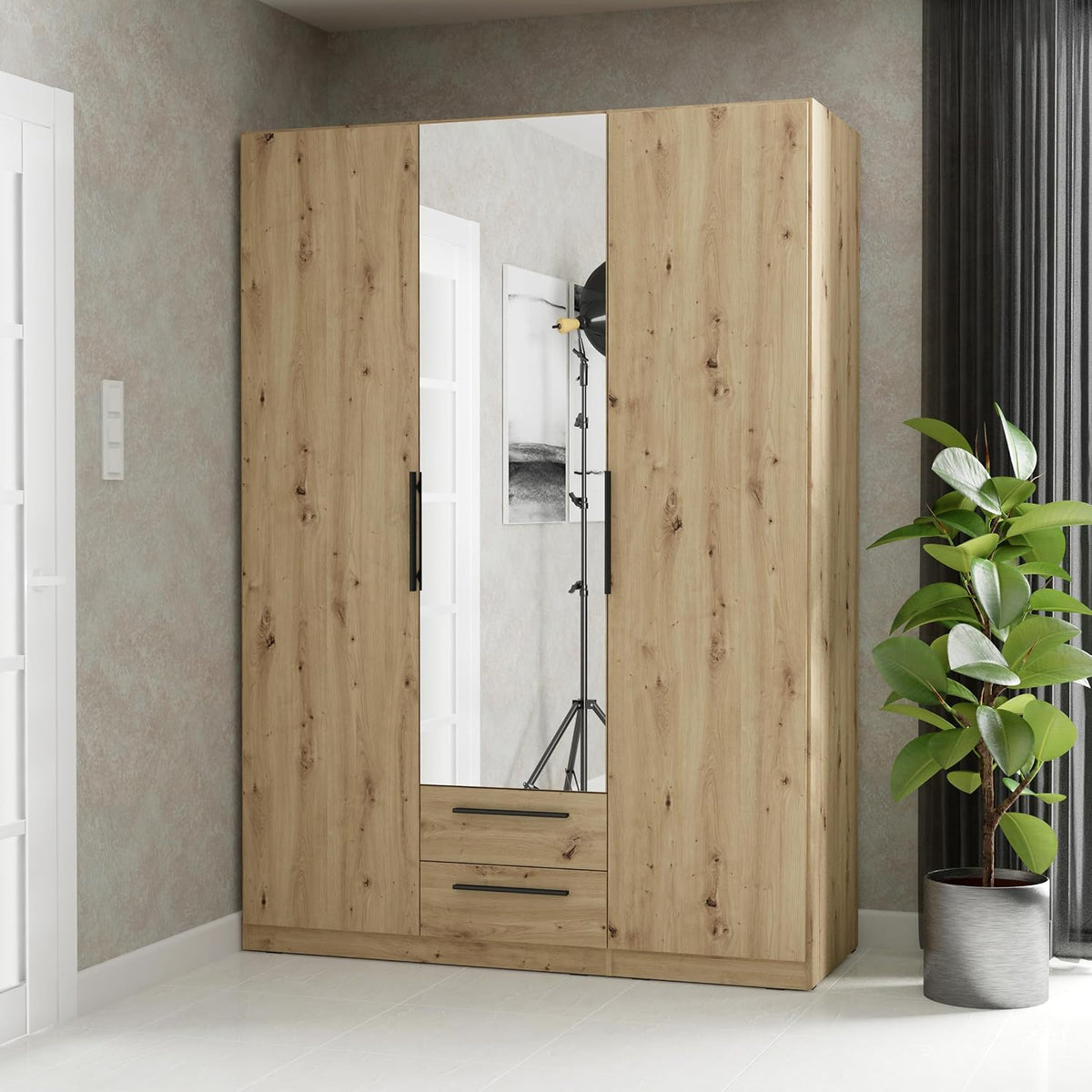 Kleiderschrank CADIXO, 150, moderner 3-türiger Schrank, Holzwerkstoff, Schlafzimmer, Jugendzimmer, Stauraum, Artisan Eiche Holzdekor mit Spiegel