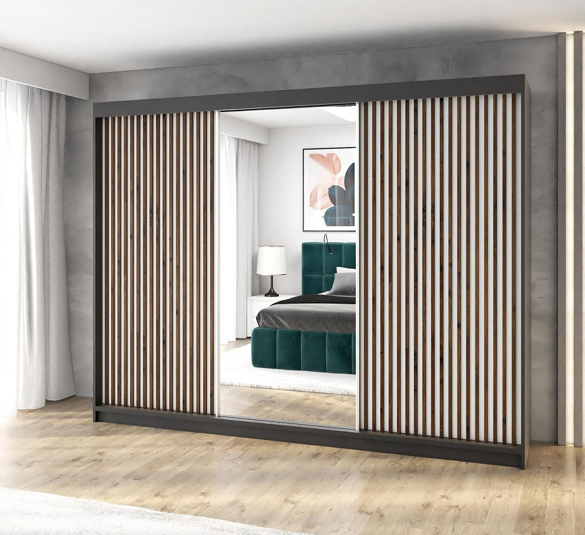 Kleiderschrank FARA Schwebetürenschrank, 3-türig 200 cm mit Spiegel und Schubladen, moderner Schlafzimmerschrank mit Schiebetüren (Schwarz)