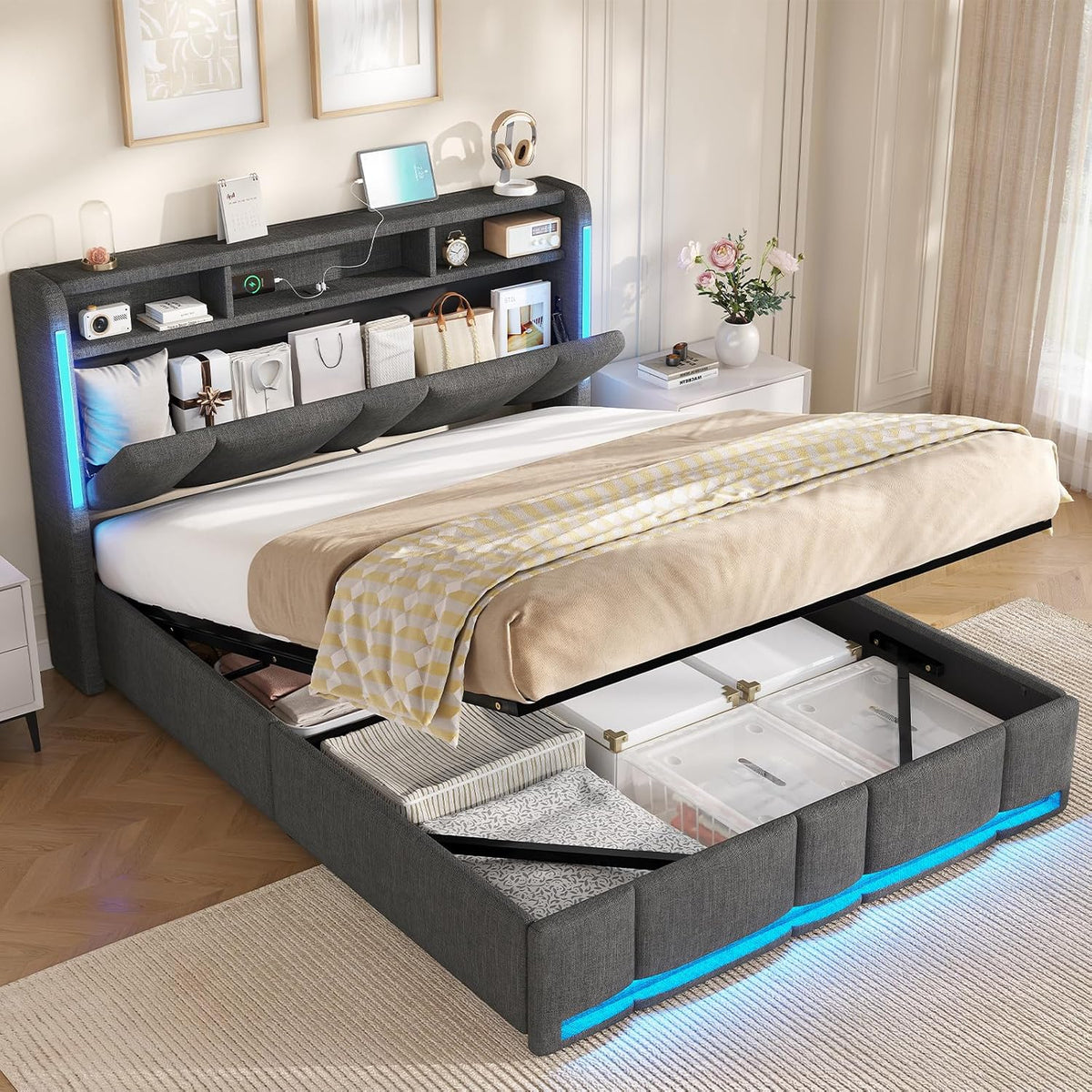 Bett Polster, Doppelbett 140 × 200 mit bettkasten, Hydraulischem Stauraumbett mit LED Beleuchtung & Steckdosen
