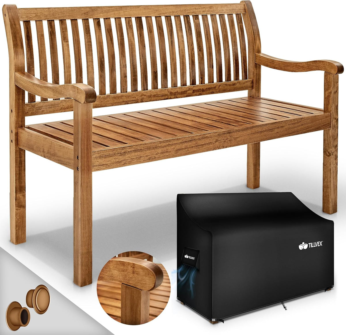 Sitzbank, ® Gartenbank Holz 3-4 Sitzer inkl. Abdeckung wetterfest 125 cm, tillvex