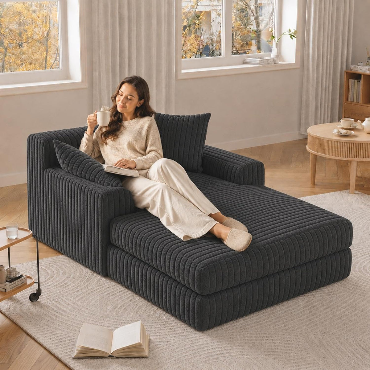 Sofa Lazy, Cord-Schlafsofa, Bequemes Einzelsitz-Bodensofa (Dunkelgrau), LZLUCKCOME