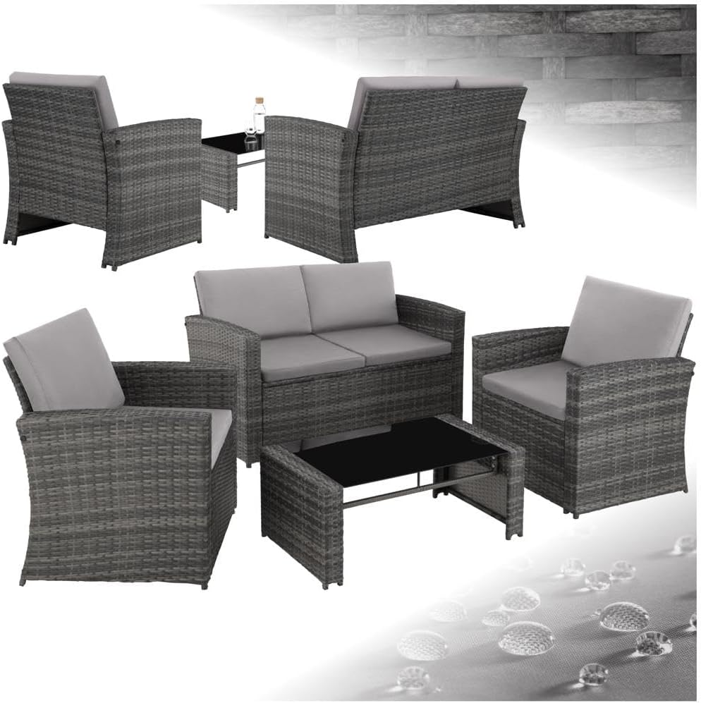 tectake 12-teilige Lounge Gartenmöbel Set Poly Rattan für den Garten Möbel für den Balkon Garten Lounge (wetterfest) Essgruppe, mit Outdoor Sofa