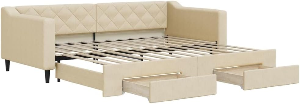 Bett Tages, Ausziehbar mit Schubladen Creme 90 × 200 cm Stoff, vidaXL