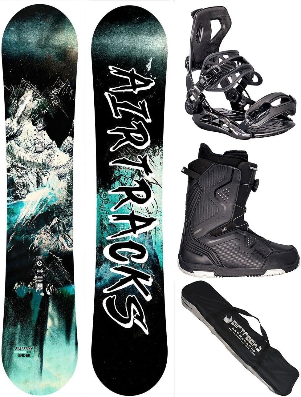 Airtracks Herren Snowboard Set - Under Flat Zero Rocker Snowboard Wide + Snowboard Bindung Master + Snowboard Boots, + Sb Bag/156 159 163 165 cm