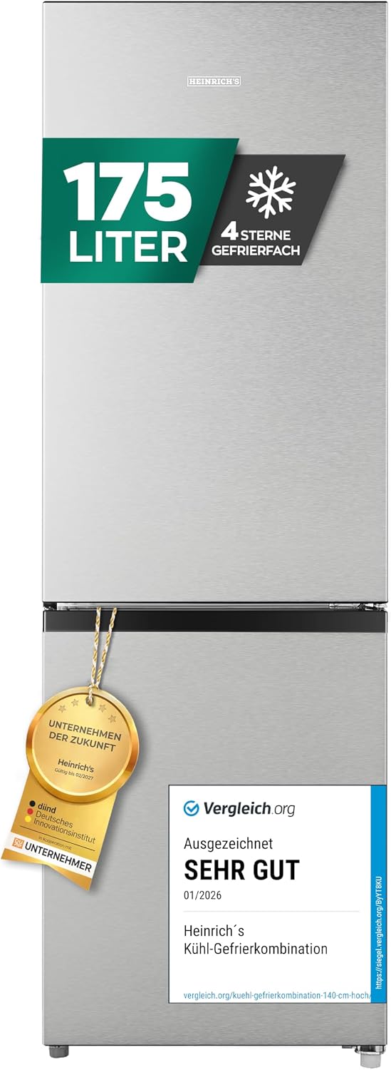 Heinrich´s Kühl-Gefrierkombination, Kühlgefrierkombination 175Liter, XXL, kühlschrank mit gefrierfach, Kühlvolumen 122L, Gefrierfach 53L, leise 39dB