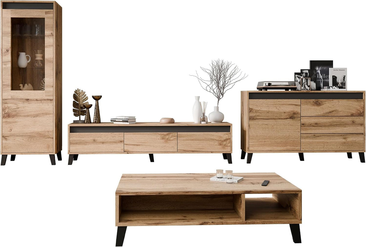 TV-Lowboard 2X Wohnzimmer-Set Kaspro I Wohnzimmerschrank Schrankwand im Set Kommode, Couchtisch, Vitrine (Wotan/Anthrazit), Mirjan24