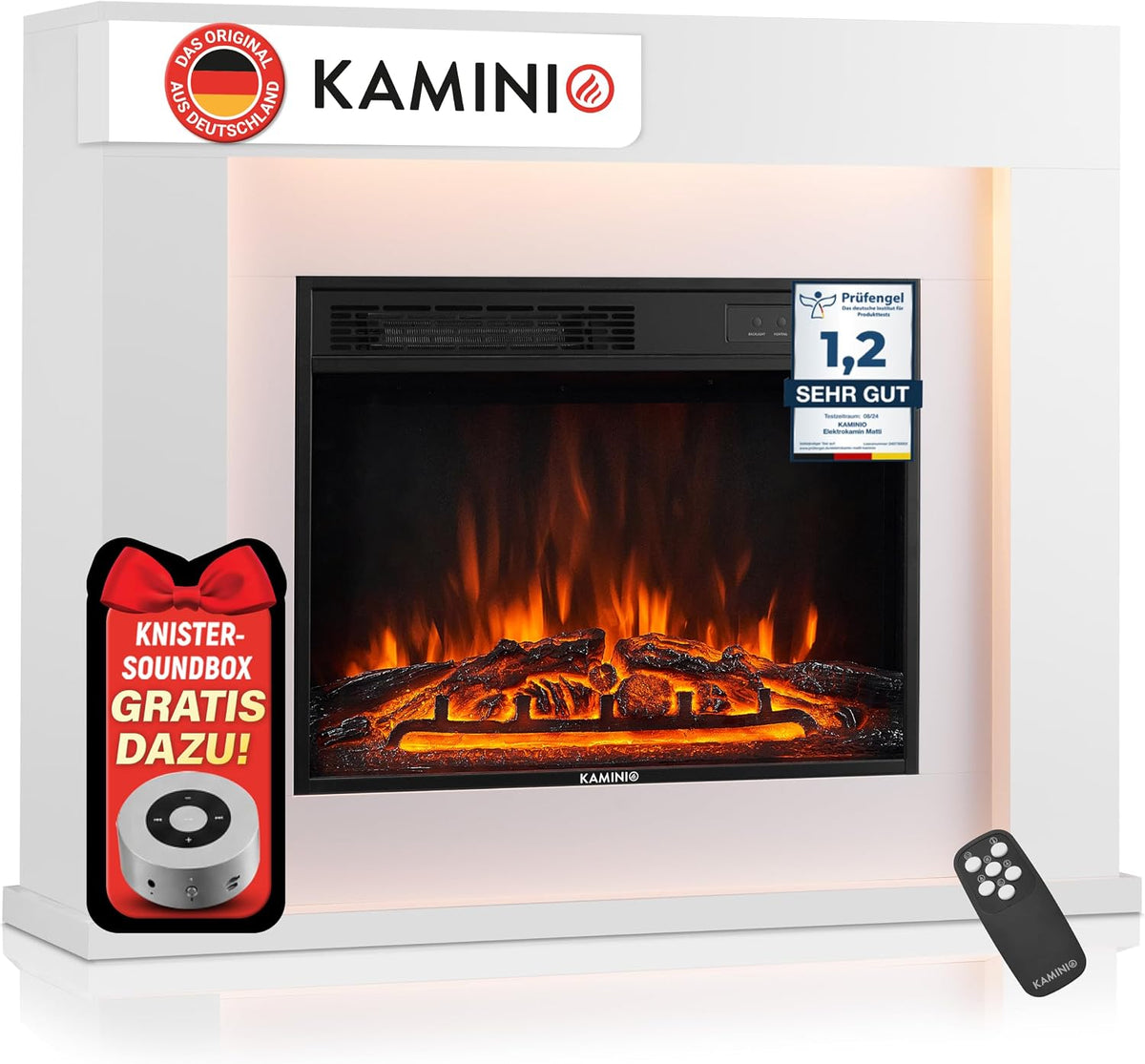 KAMINIO Elektrische Kamine, ® Matti MODERN 38 Weiß Elektrokamin mit Heizung Standkamin