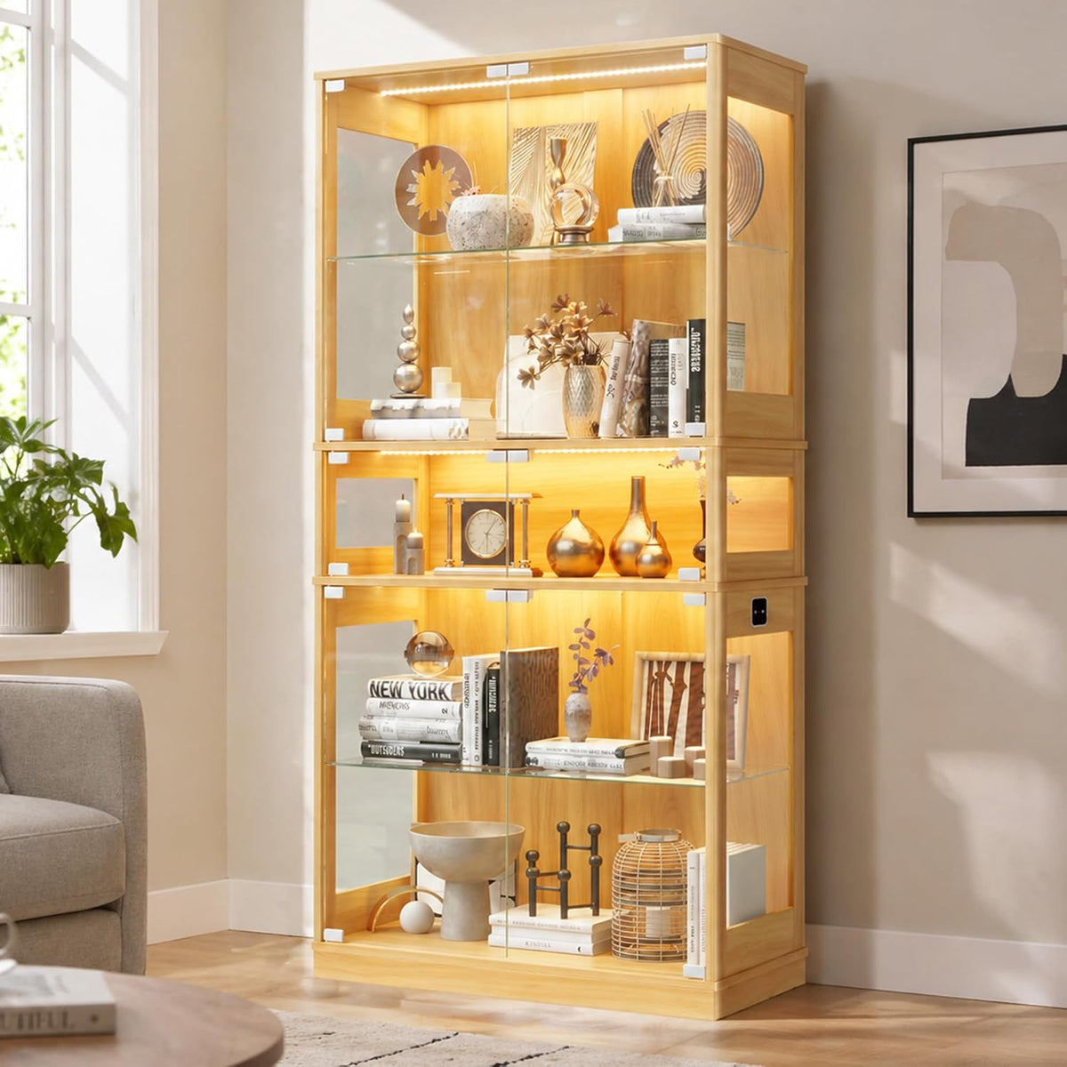 ZKIODV Glasvitrine, mit LED Beleuchtung, 5-Lagen Vitrinenschrank Glas Stehend, Holz Vitrine mit Intelligente Sensorik