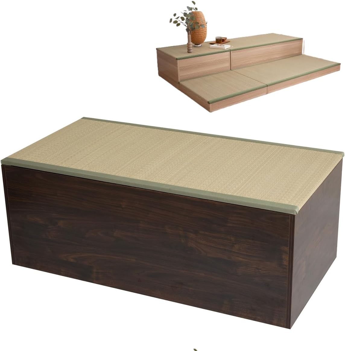EMOOR Truhen, Natürliche Tatami-Aufbewahrungsbox Rechteckig 120 x 60 cm (Walnuss), Holzmöbel Binsengras Japanischer Lifestyle Igusa-Lamellen