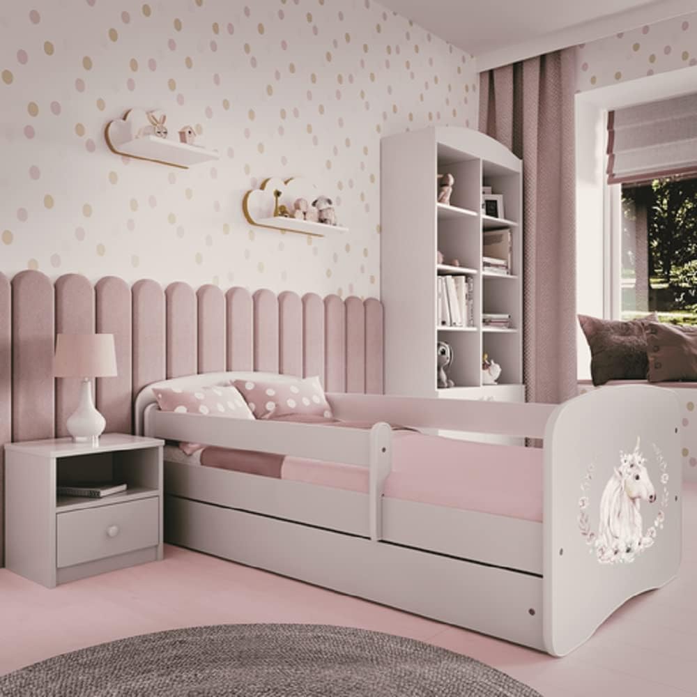 Kinderbett, 80 × 160 cm mit Rausfallschutz, Lattenrost & Schublade in weiß 80 × 160 Mädchen Bett rosa Pferd, Kids Collective