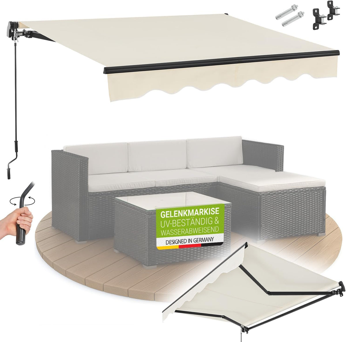 Juskys ® Gelenkarm Markise, 250 × 200 cm, UV40+ & wasserabweisend, mit Kurbel & Wandhalterung Länge + Winkel einstellbar, Beige