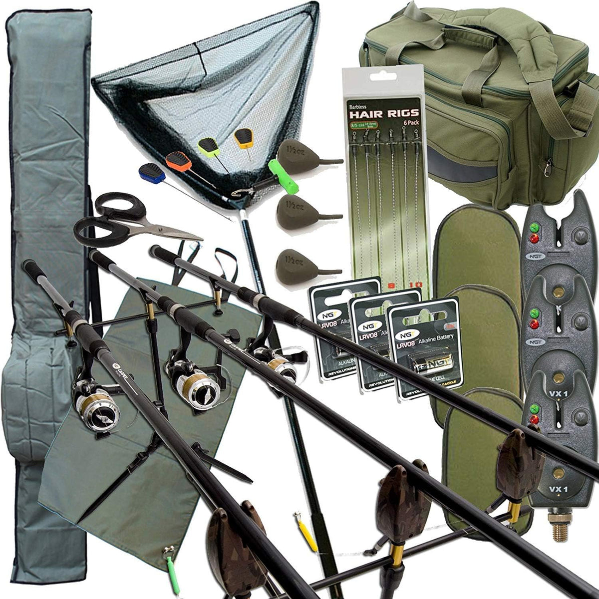 NGT Rutentaschen, Komplettes Karpfen Angelzubehör Set Up mit 3 X Stangen 3 X Rollen Beinhaltet Rute Sporttasche Carry All, Schwarz, Silber