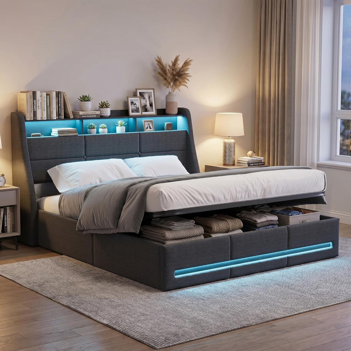 Bett Polster, 160 × 200 cm, LED Doppelbett mit Stauraum und Lattenrost, Kopfteil mit Staufach & USB-Ladefunktion